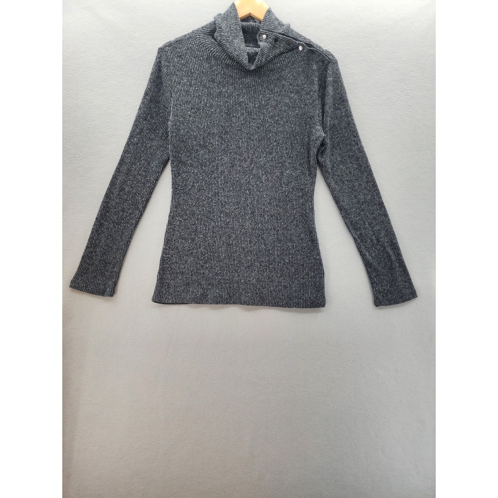 Maison Jules Gray Ribbed Funnel Neck Snap Button Sweater Women Med Long Sleeve